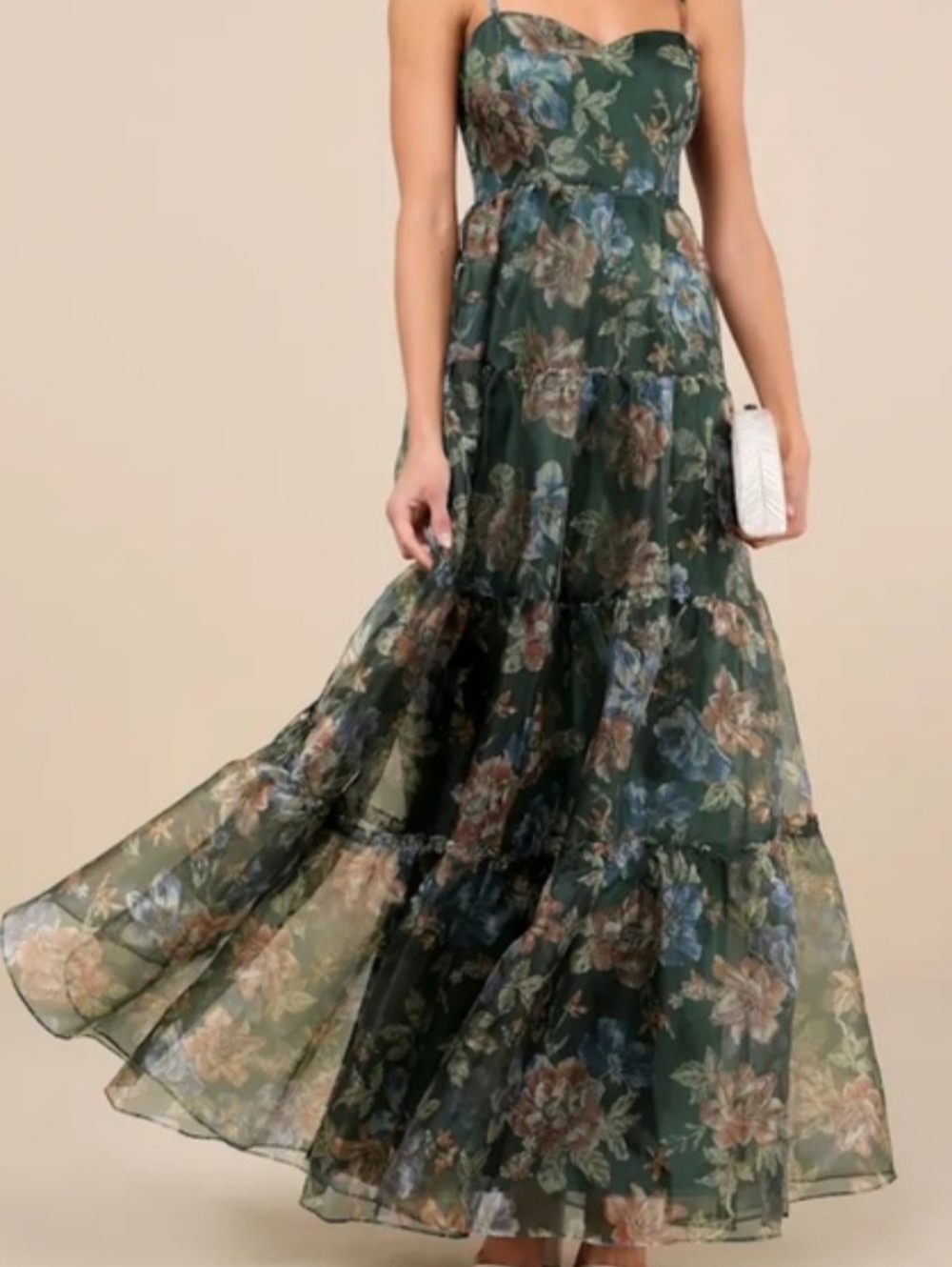 Lulu's Green Floral Maxi Dress with Blue and Brown Accents - Picture 2 of 12